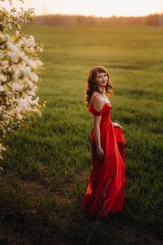 a girl in a red dress with red lips stands next to a large white flowering tree At sunset.