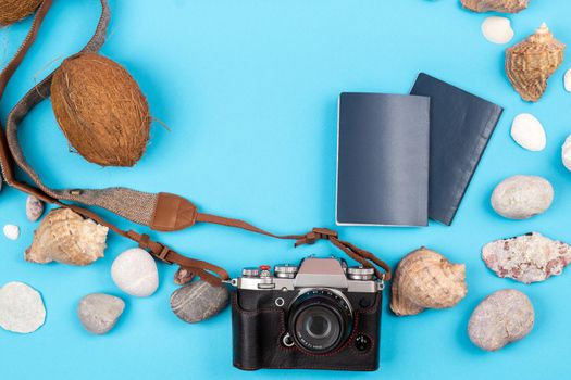 camera,coconuts, shells and documents on a blue background.Background for the traveler.