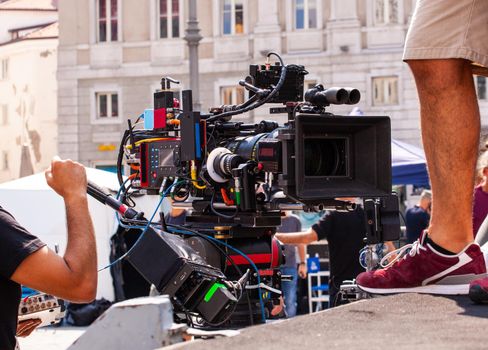 Professional digital camera setup on outdoor movie set