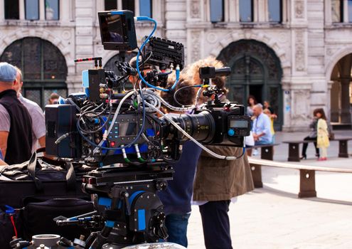 Professional digital camera setup on outdoor movie set