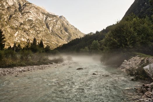 The fog on the Soca river, Slovenian Julian Alps