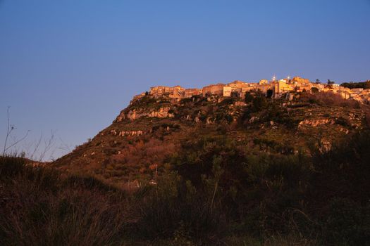 View of Assoro at sunset, little town in the middle of Sicily