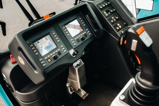 Crane control panel in the driver's cab of a car crane.