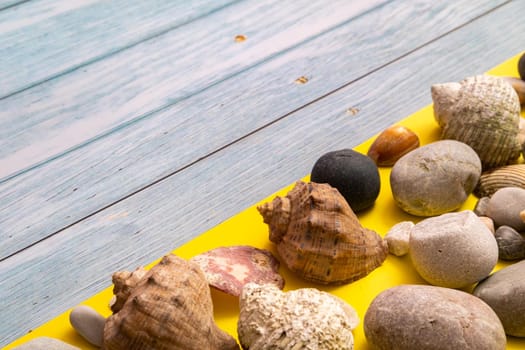 stones and shells on a blue wooden background and a yellow background.Marine theme.