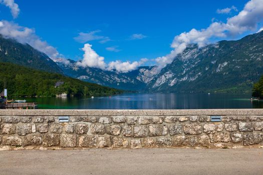View of Bohinj lake and bridge in Slovenia
