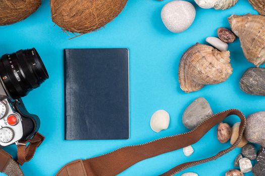 camera,coconuts, shells and documents on a blue background.Background for the traveler.