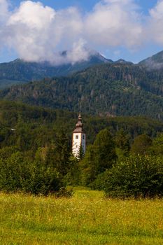 Bell tower of St John the Baptist church in Bohinj, Slovenia