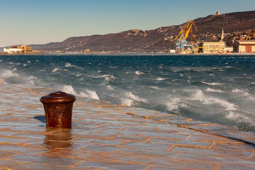 View of the Bora wind from Audace pier called Molo Audace, Trieste