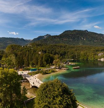Top view of bridge in the Bohinj lake, Slovenia