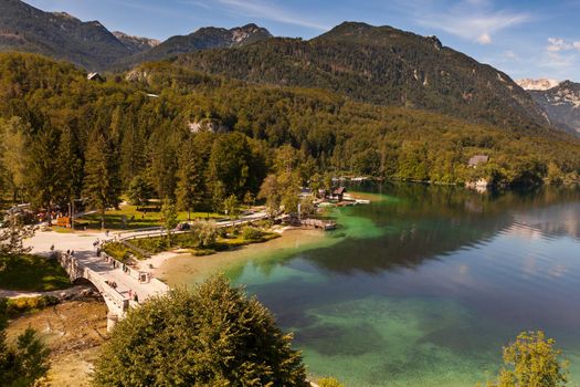 Top view of Bohinj lake and bridge in Slovenia