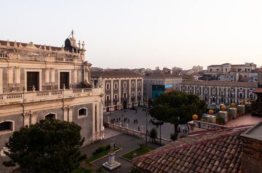Top view of St. Agata church of Catania from the Badia church at sunset
