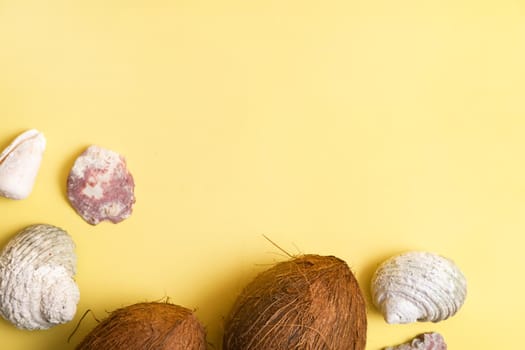 Whole Coconuts and shells on a yellow background .Marine theme.