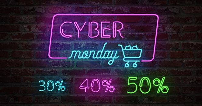 Cyber Monday animation neon light sign and stylized shopping cart on a brick wall. Sale banner neon sign style for promo. Concept of sale and clearance with 30% 40% and 50%