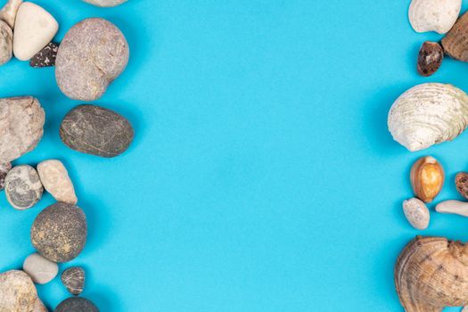 Seashells and rocks on a blue background.Marine theme.