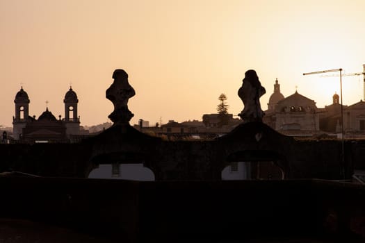 Top view of Catania roofs from the Badia church at sunset