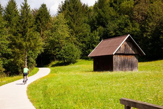 Mountain Bike cyclist riding countryside track in Bohinj, Slovenia