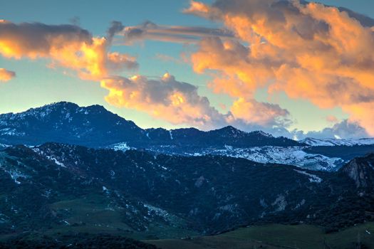 View of the Nebrodi mountains at sunset in Sicily