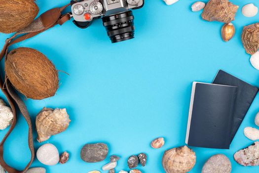 camera,coconuts, shells and documents on a blue background.Background for the traveler.