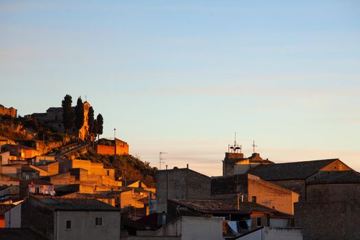 View of Leonforte little town in Sicily at sunset