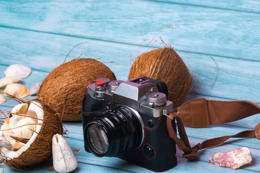 camera,coconuts and shells on a blue wooden background.Marine theme.