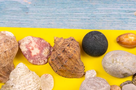 stones and shells on a blue wooden background and a yellow background.Marine theme.