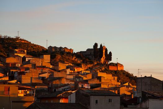 View of Leonforte little town in Sicily at sunset