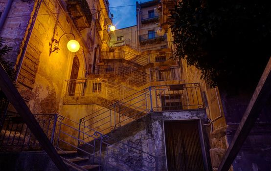 Night view of ancient staircase called Scala Musumeci in Leonforte, Sicily