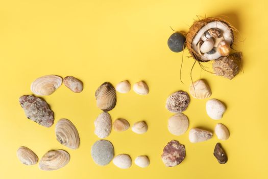 The inscription of the word sea of shells on a yellow background.Travel concept.