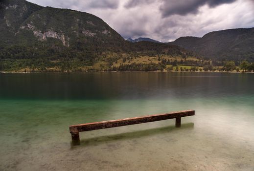 View of scenic Bohinj lake with Julian alps on background, Slovenia