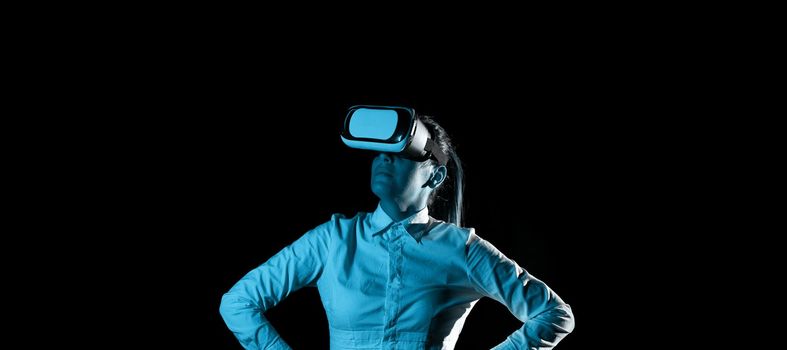 Woman Wearing Vr Glasses And Looking On Important Messages.