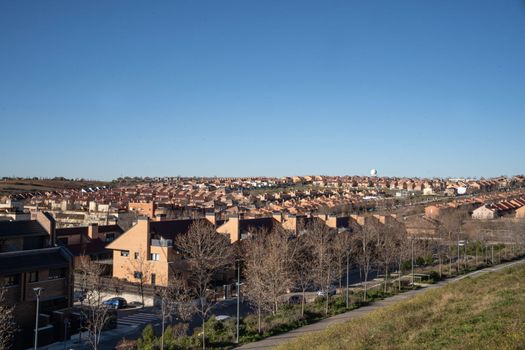 Paracuellos de Jarama, Madrid, Spain townscape from above against clear blue sky in the morning