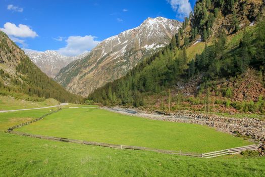 Alpine farm landscape in Green Stubai valley near Innsbruck, Tirol, Austria