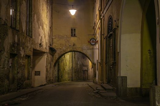 Vilnius old town street illuminated at night, Lithuania, Baltic countries