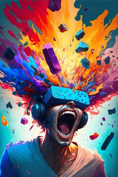Man wearing 3d VR headset glasses looks up in abstract exploding of colors. Virtual reality or Augmented reality world simulation. Digital computer entertainment. Teens who game too much concept. download image