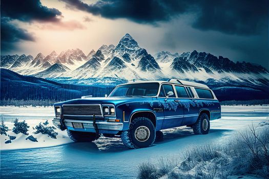 Blue suburban in blizzard, Canadian winter, landscape illustration. Winter car and road of snow. download image