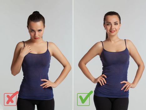 Portrait of a young beautiful female with a ponytail looking at you while standing against a gray background. She is demonstrating the right and wrong way of posing for a photo.