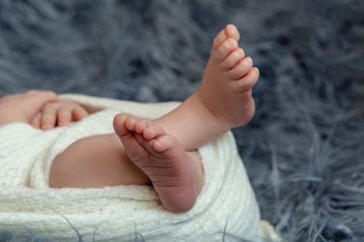 Close-up of small baby legs. The sleeping Newborn boy under a white knitted blanket lies on the blue fur. Newborn. 14 days.