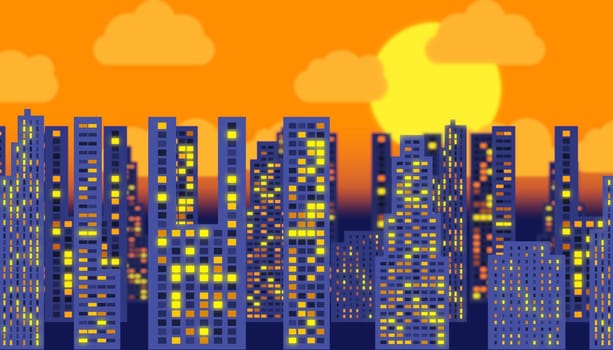 Skyscrapers and clouds against the background of the sun and orange sky.3D rendering.