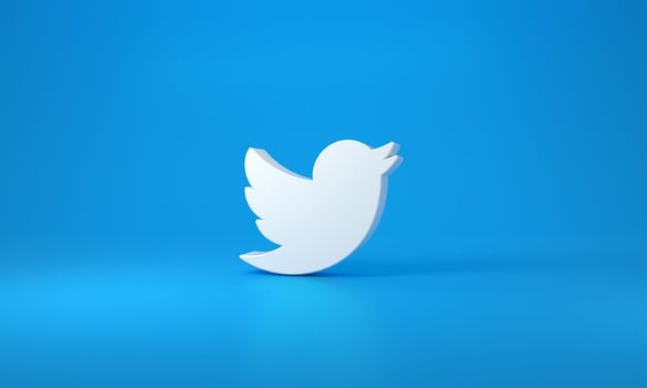 Twitter logo with space for text and graphics. Blue background. 3D rendering.