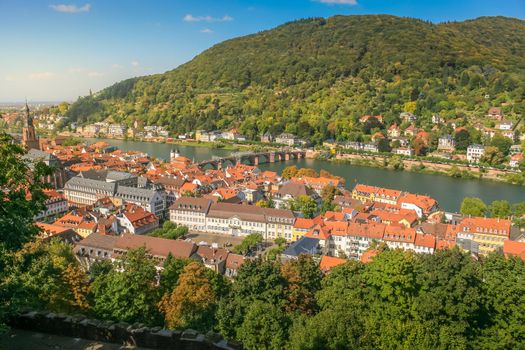 Medieval Heidelberg old town panorama from above, Germany