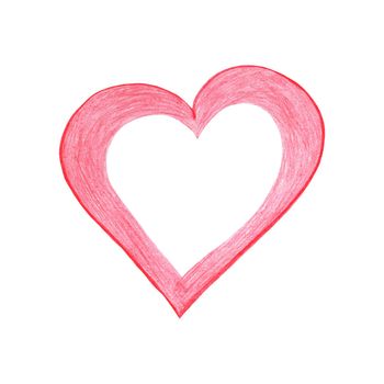 Red Heart Drawn by Colored Pencil. The Sign of World Heart Day. Symbol of Valentines Day. Heart Shape Isolated on White Background.