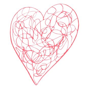 Red Heart Drawn by Colored Pencil. The Sign of World Heart Day. Symbol of Valentines Day. Heart Shape Isolated on White Background.