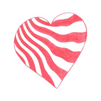 Red Heart Drawn by Colored Pencil. The Sign of World Heart Day. Symbol of Valentines Day. Heart Shape Isolated on White Background.