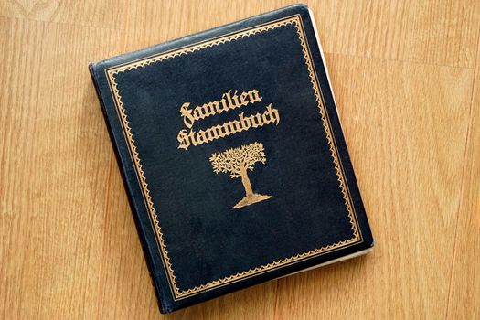 A blue German family register from the 1929. Issued on the day of marriage, these booklets are one of the most recent sources of family history. 'Familien Stammbuch' is German for Family register