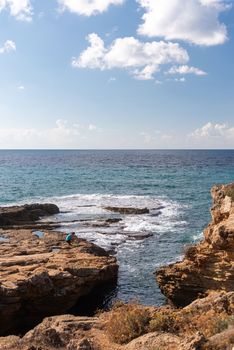 Rosh Hanikra grottoes rocks and caves famous nature tourist site (attraction) in north-western Israel (Galilee region), near Nahariya, in Mediterranean Sea. geological creation in coastline (shore)