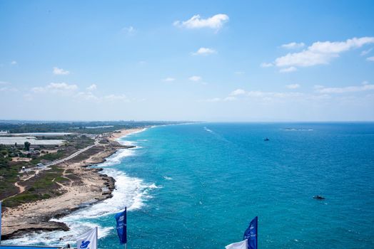 Rosh Hanikra grottoes rocks and caves famous nature tourist site (attraction) in north-western Israel (Galilee region), near Nahariya, in Mediterranean Sea. geological creation in coastline (shore)