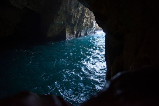 Rosh Hanikra grottoes rocks and caves famous nature tourist site (attraction) in north-western Israel (Galilee region), near Nahariya, in Mediterranean Sea. geological creation in coastline (shore)