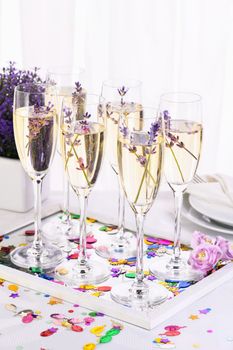 Lavender mood. Champagne with soft gentle notes of lavender. Drink for a wedding dinner. Wedding theme ideas.