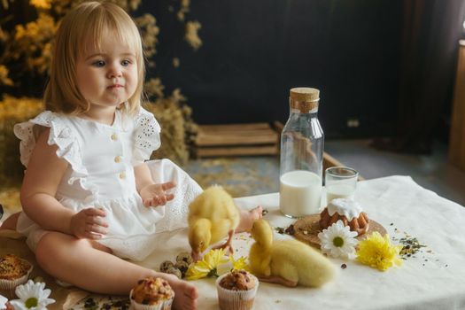 A little girl is sitting on the Easter table and playing with cute fluffy ducklings. The concept of celebrating happy Easter