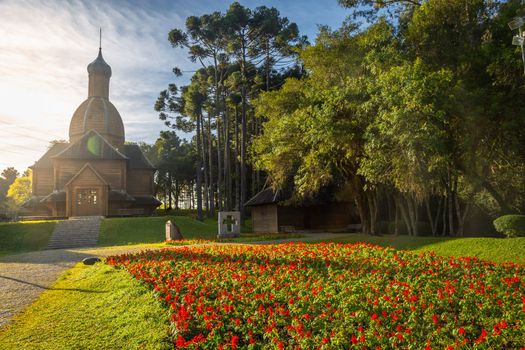 Wooden orthodox ukrainian church in Curitiba, capital of Parana state, Brazil, Southern Brazil